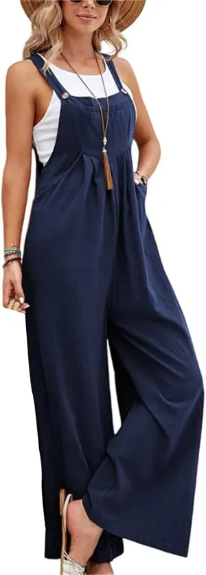 Women's Summer Jumpsuits One Piece Sleeveless Wide Leg Long Pant Rompers Casual Loose Fit Overalls Jumpsuits with Pocket