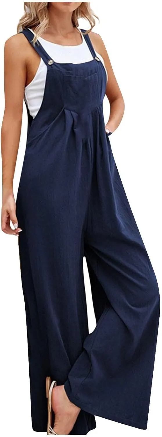 Women's Summer Jumpsuits One Piece Sleeveless Wide Leg Long Pant Rompers Casual Loose Fit Overalls Jumpsuits with Pocket