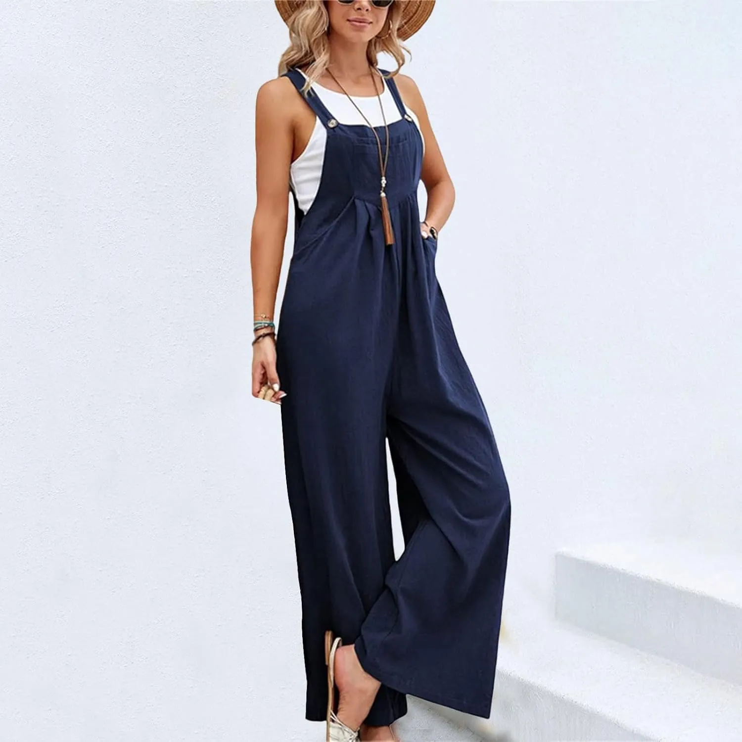 Women's Summer Jumpsuits One Piece Sleeveless Wide Leg Long Pant Rompers Casual Loose Fit Overalls Jumpsuits with Pocket