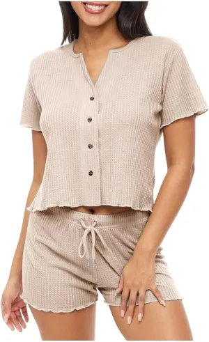 Women's Summer Lounge Set Short Sleeve Knit Button Down Top Matching Shorts 2 Piece Beach Vacation Outfits