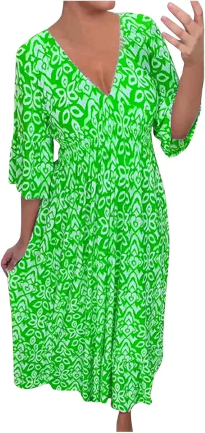 Womens Summer Maxi Dresses V Neck Floral Print Long Swing Dress 3/4 Sleeve Loose Casual Boho Beach Sun Dress
