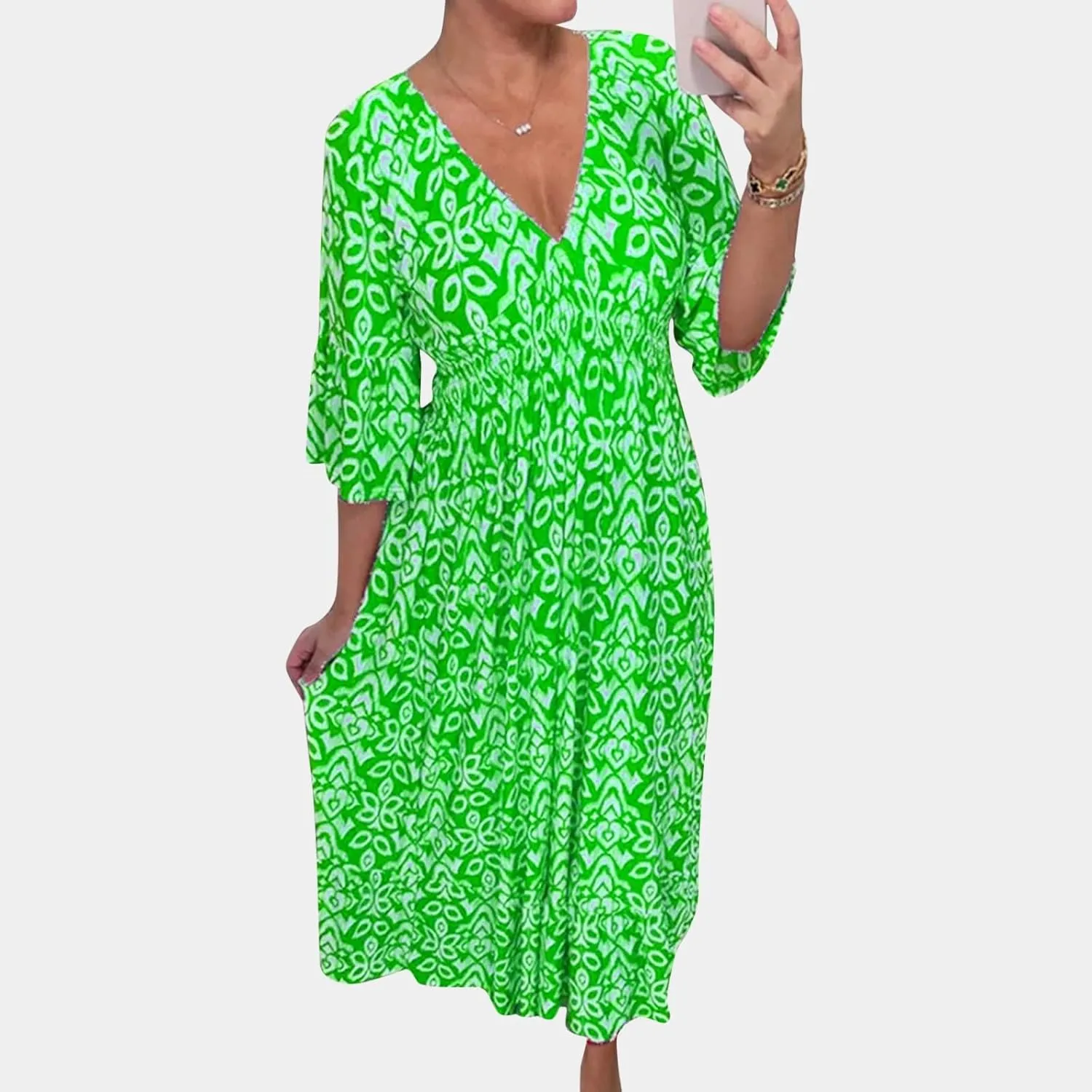 Womens Summer Maxi Dresses V Neck Floral Print Long Swing Dress 3/4 Sleeve Loose Casual Boho Beach Sun Dress