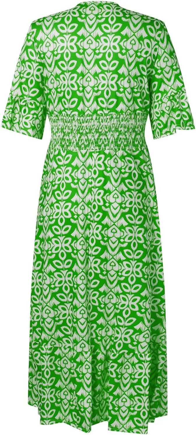 Womens Summer Maxi Dresses V Neck Floral Print Long Swing Dress 3/4 Sleeve Loose Casual Boho Beach Sun Dress