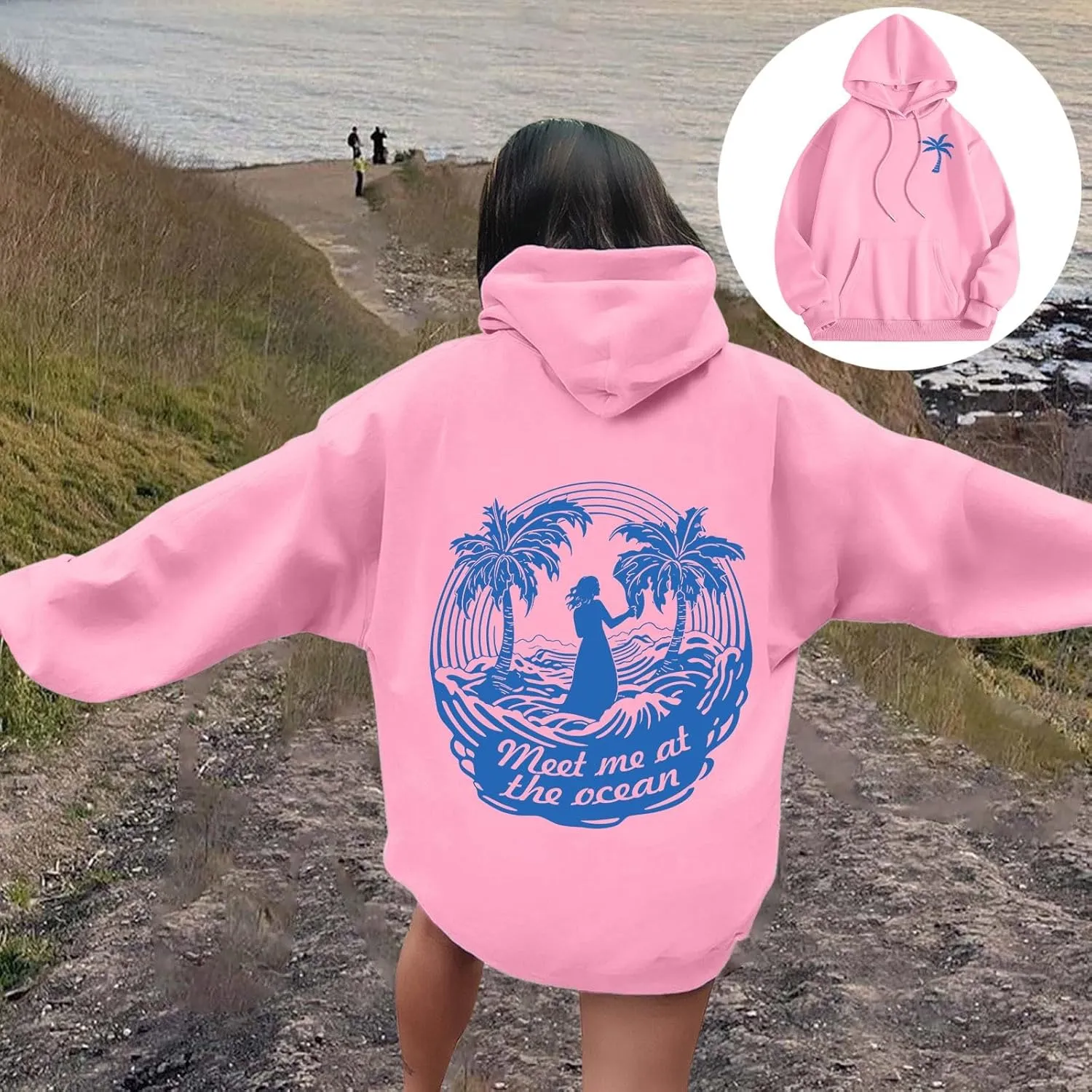 Womens Sweatshirt Pink Graphic Plam Print Puff Hoodie Casual Long Sleeve Pullover Shirts Teen Girls Y2K Fall Outfits