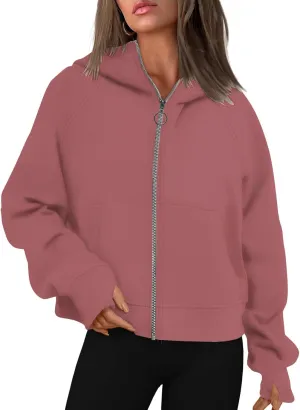 Womens Sweatshirts Zip Up Cropped Pullover Oversized Solid Casual Pockets Hoodies Fall Outfits Clothes with Thumb Hole