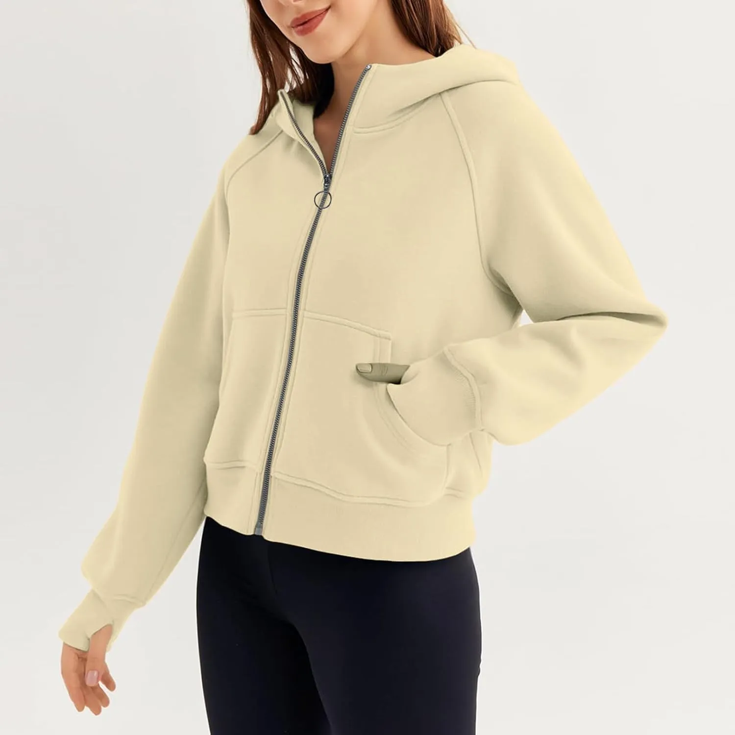 Womens Sweatshirts Zip Up Cropped Pullover Oversized Solid Casual Pockets Hoodies Fall Outfits Clothes with Thumb Hole