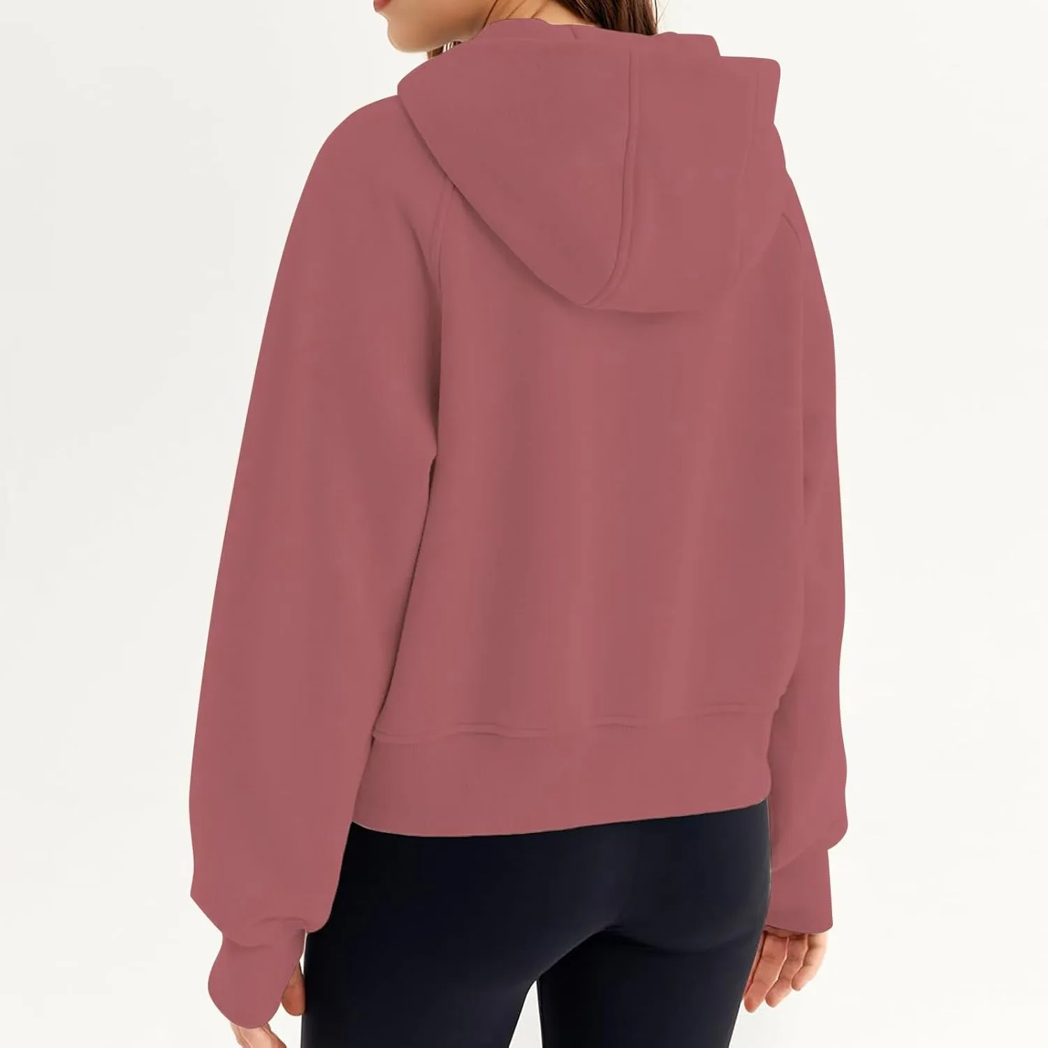 Womens Sweatshirts Zip Up Cropped Pullover Oversized Solid Casual Pockets Hoodies Fall Outfits Clothes with Thumb Hole