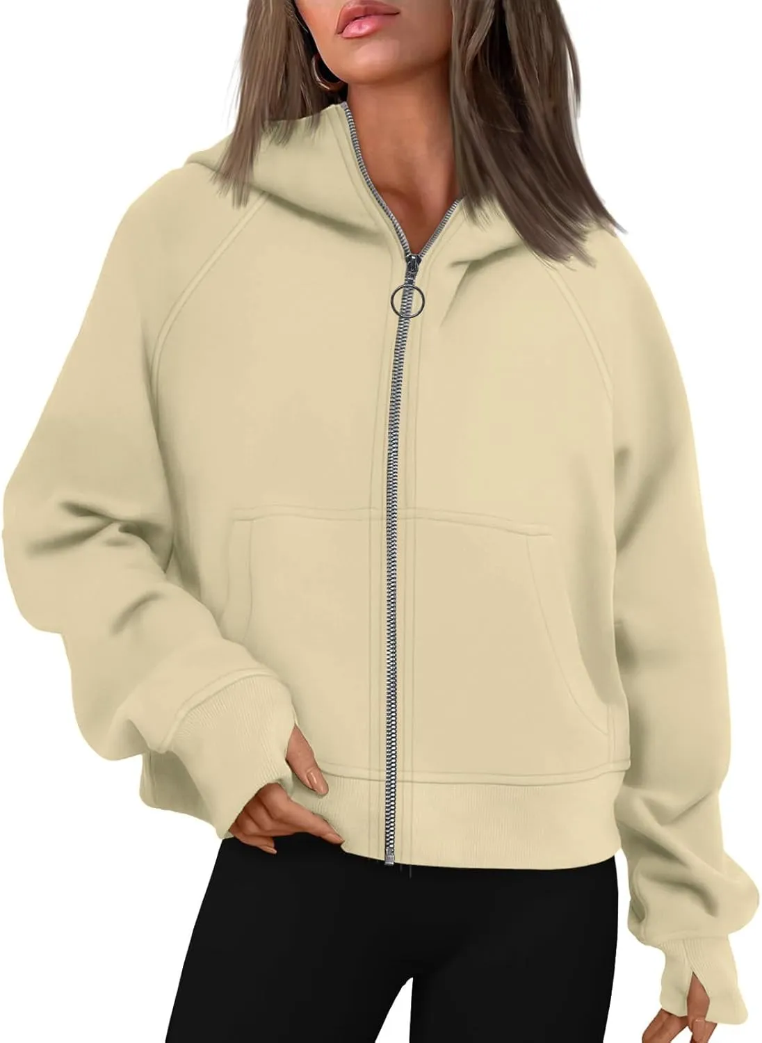 Womens Sweatshirts Zip Up Cropped Pullover Oversized Solid Casual Pockets Hoodies Fall Outfits Clothes with Thumb Hole