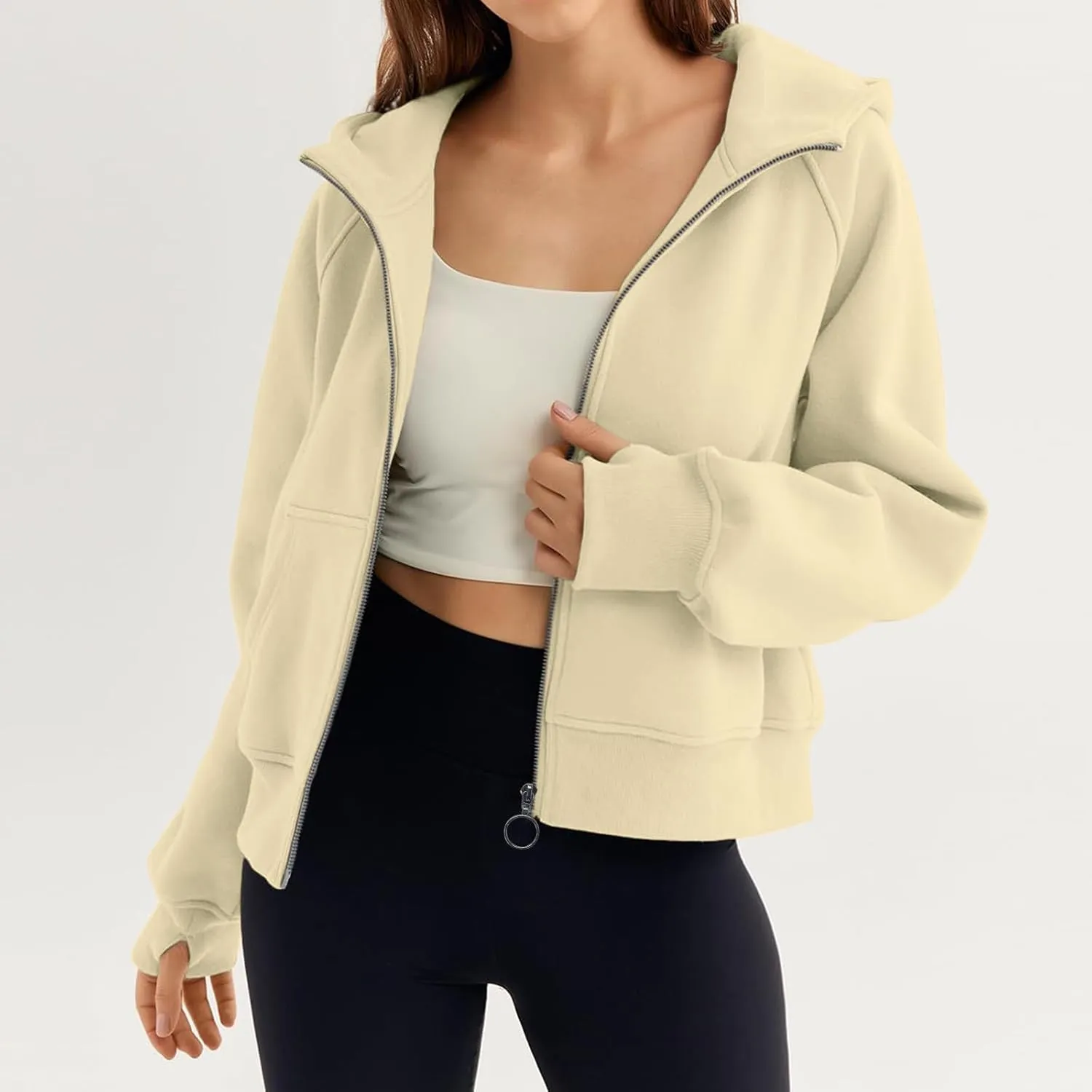 Womens Sweatshirts Zip Up Cropped Pullover Oversized Solid Casual Pockets Hoodies Fall Outfits Clothes with Thumb Hole