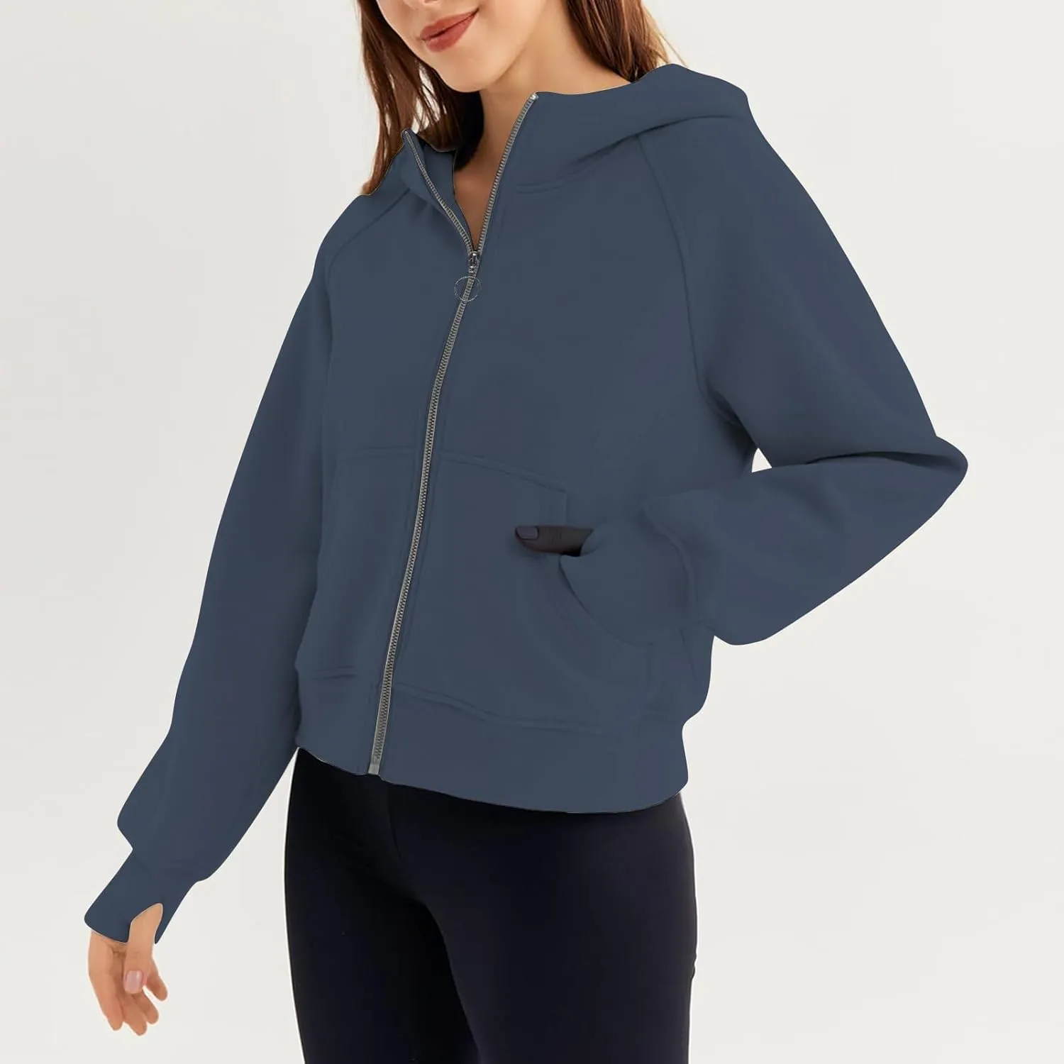Womens Sweatshirts Zip Up Cropped Pullover Oversized Solid Casual Pockets Hoodies Fall Outfits Clothes with Thumb Hole