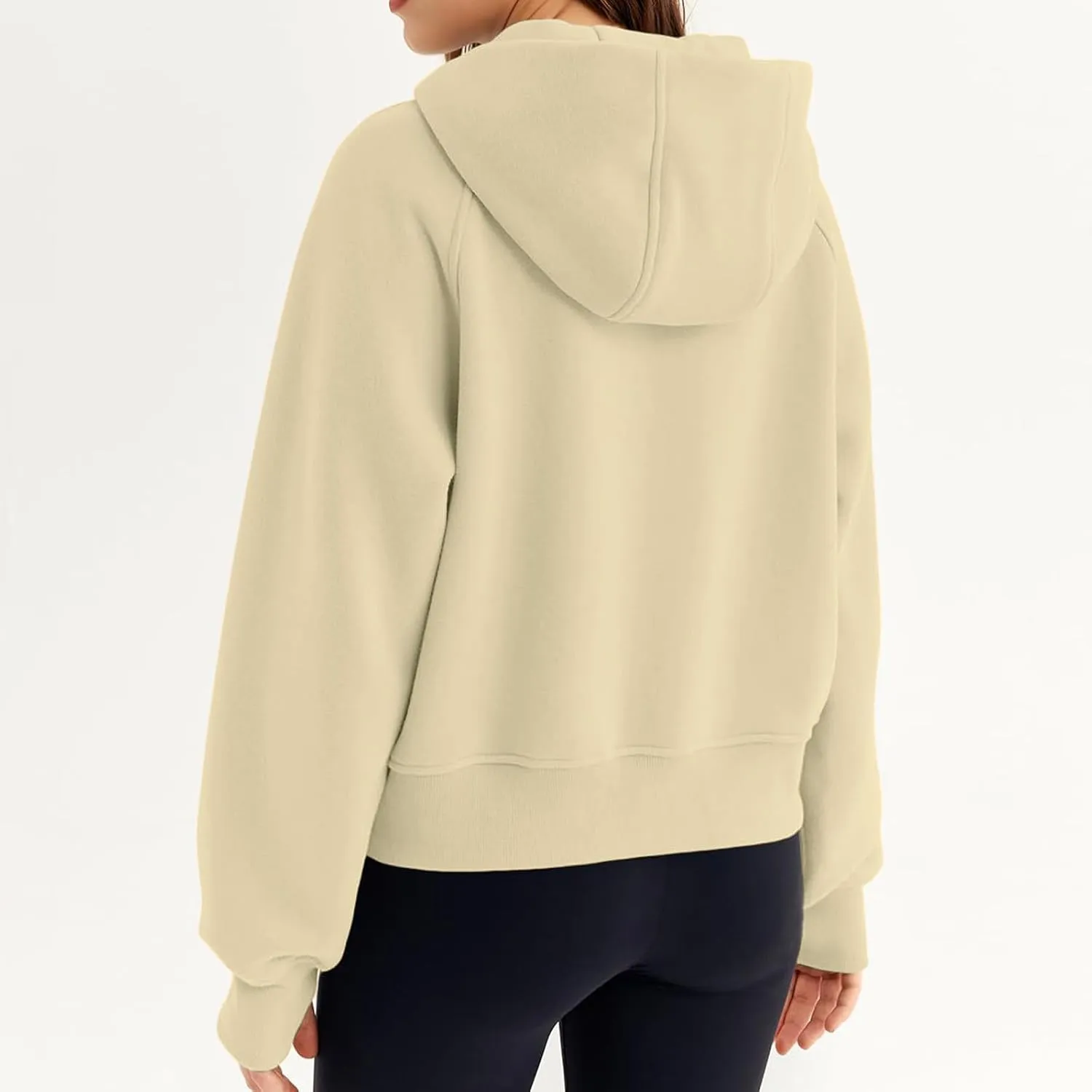 Womens Sweatshirts Zip Up Cropped Pullover Oversized Solid Casual Pockets Hoodies Fall Outfits Clothes with Thumb Hole