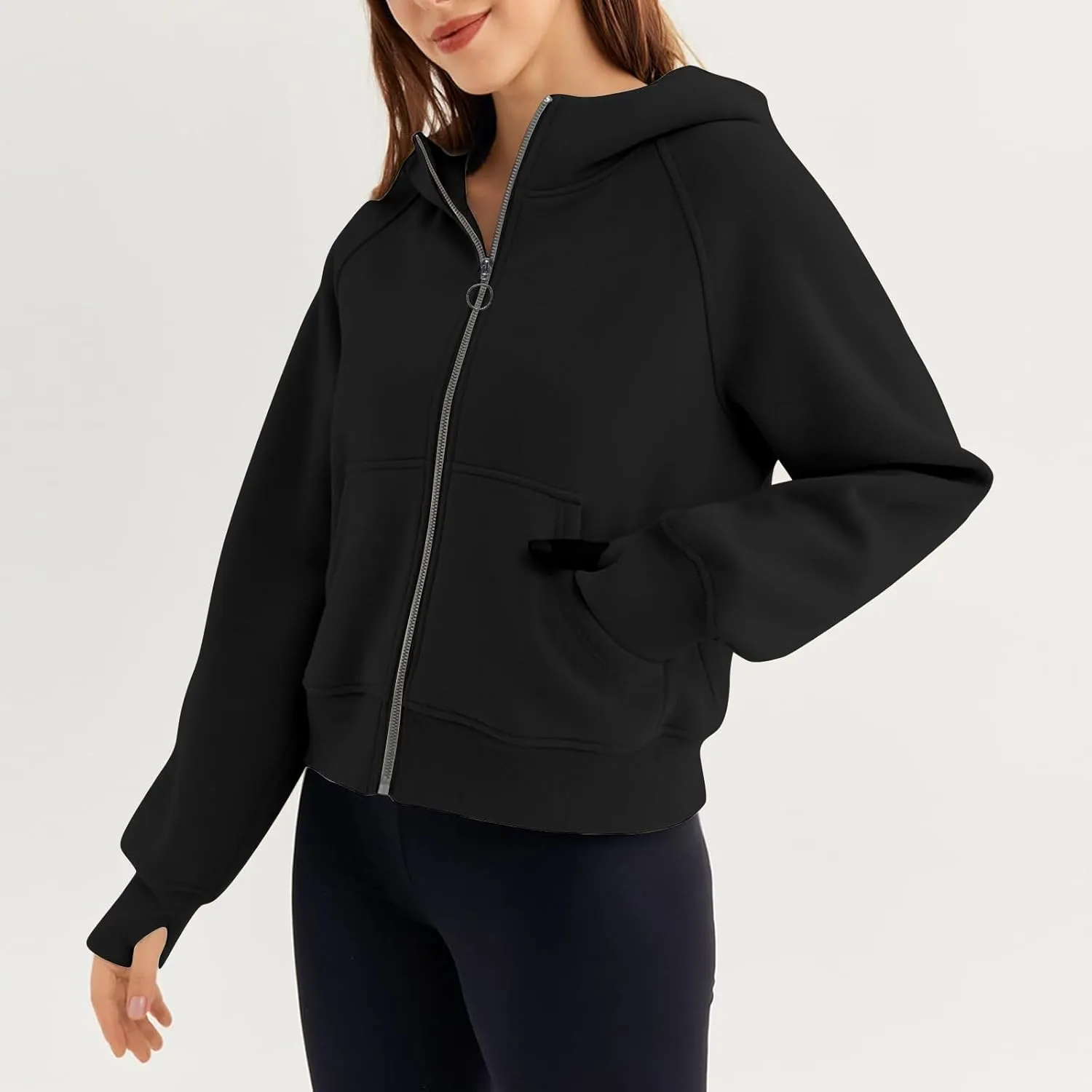 Womens Sweatshirts Zip Up Cropped Pullover Oversized Solid Casual Pockets Hoodies Fall Outfits Clothes with Thumb Hole