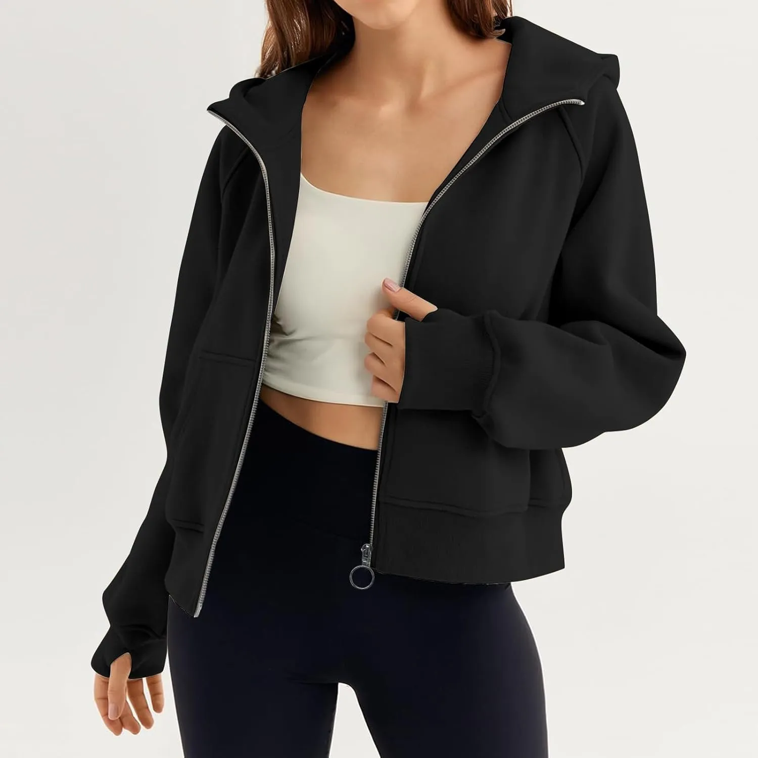 Womens Sweatshirts Zip Up Cropped Pullover Oversized Solid Casual Pockets Hoodies Fall Outfits Clothes with Thumb Hole