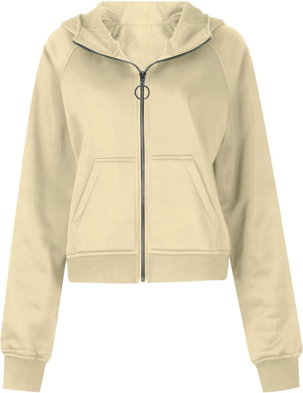 Womens Sweatshirts Zip Up Cropped Pullover Oversized Solid Casual Pockets Hoodies Fall Outfits Clothes with Thumb Hole