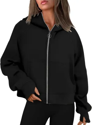 Womens Sweatshirts Zip Up Cropped Pullover Oversized Solid Casual Pockets Hoodies Fall Outfits Clothes with Thumb Hole