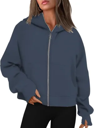 Womens Sweatshirts Zip Up Cropped Pullover Oversized Solid Casual Pockets Hoodies Fall Outfits Clothes with Thumb Hole