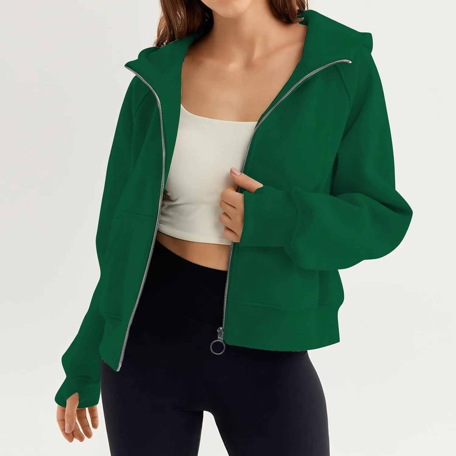 Womens Sweatshirts Zip Up Cropped Pullover Oversized Solid Casual Pockets Hoodies Fall Outfits Clothes with Thumb Hole