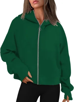 Womens Sweatshirts Zip Up Cropped Pullover Oversized Solid Casual Pockets Hoodies Fall Outfits Clothes with Thumb Hole