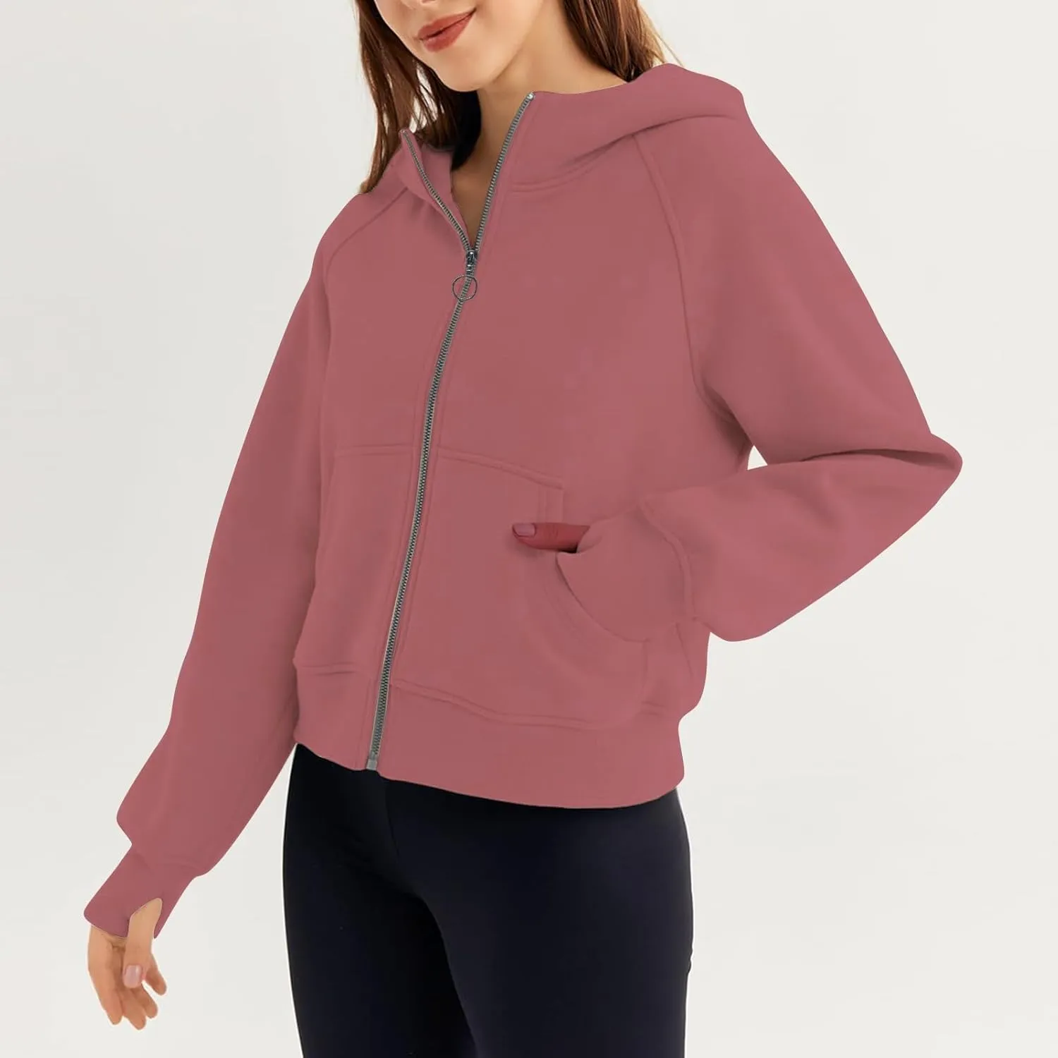 Womens Sweatshirts Zip Up Cropped Pullover Oversized Solid Casual Pockets Hoodies Fall Outfits Clothes with Thumb Hole