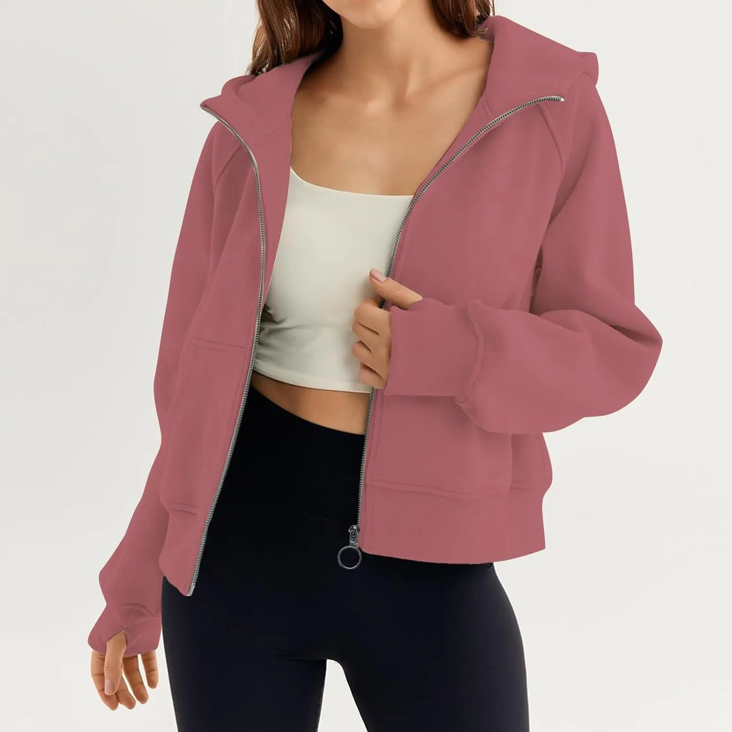 Womens Sweatshirts Zip Up Cropped Pullover Oversized Solid Casual Pockets Hoodies Fall Outfits Clothes with Thumb Hole