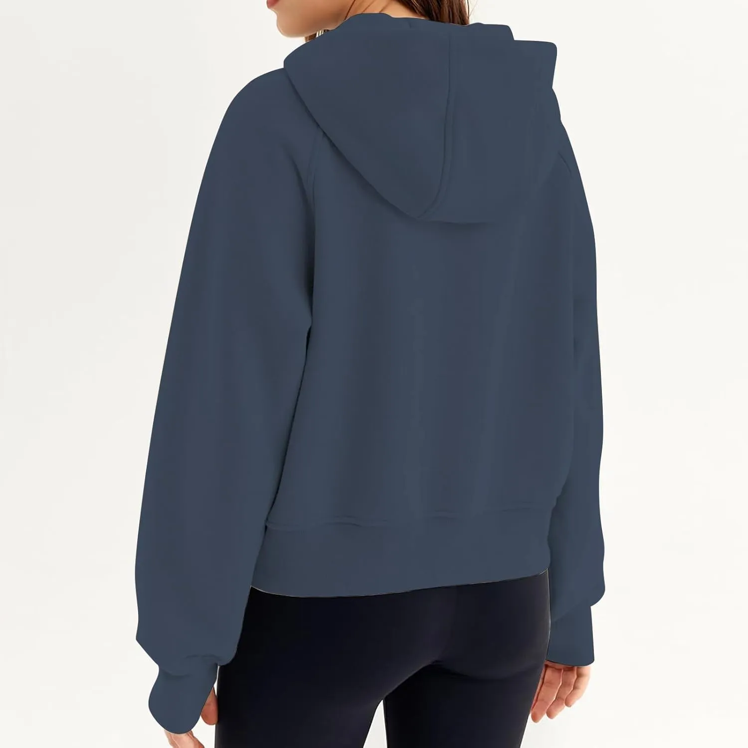 Womens Sweatshirts Zip Up Cropped Pullover Oversized Solid Casual Pockets Hoodies Fall Outfits Clothes with Thumb Hole