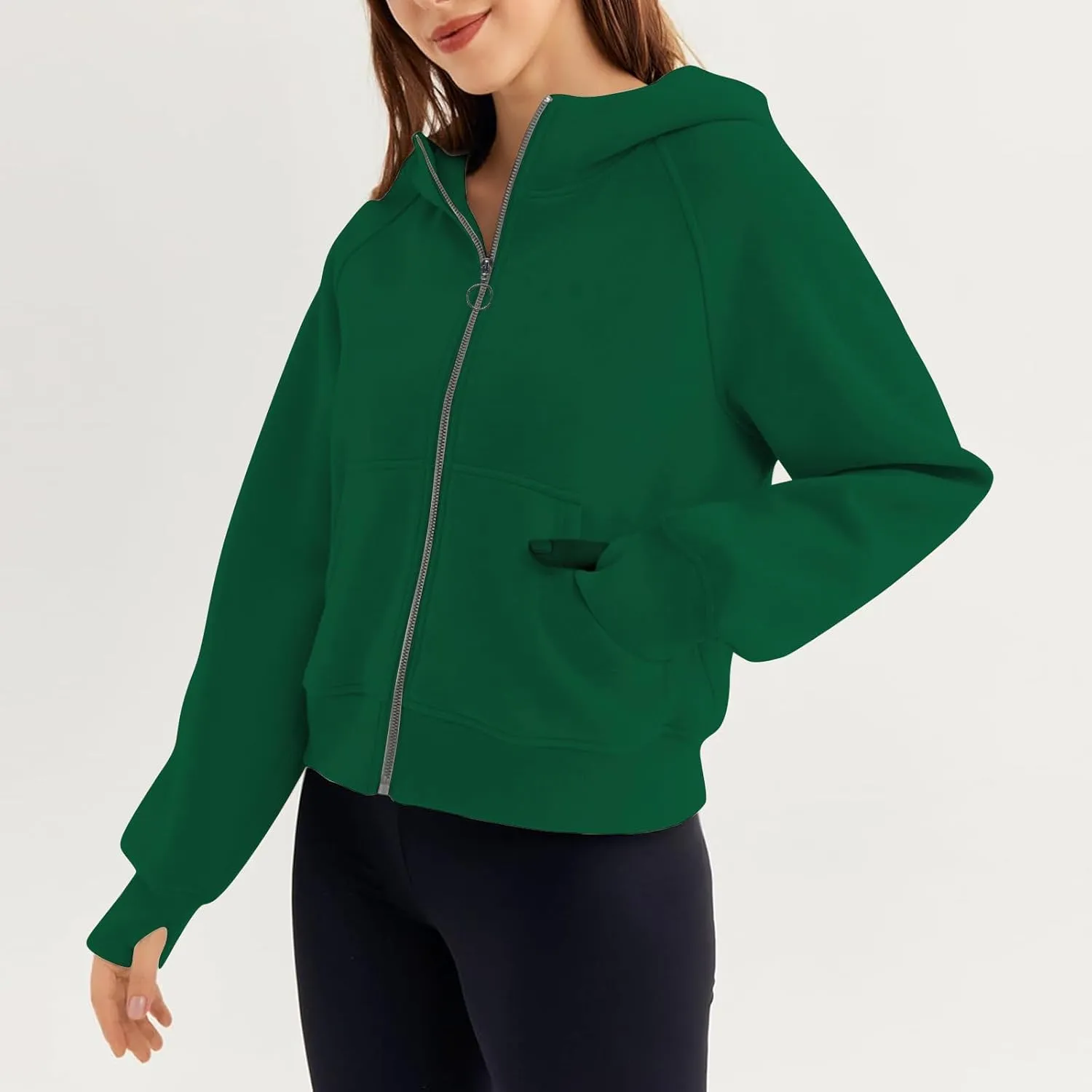 Womens Sweatshirts Zip Up Cropped Pullover Oversized Solid Casual Pockets Hoodies Fall Outfits Clothes with Thumb Hole