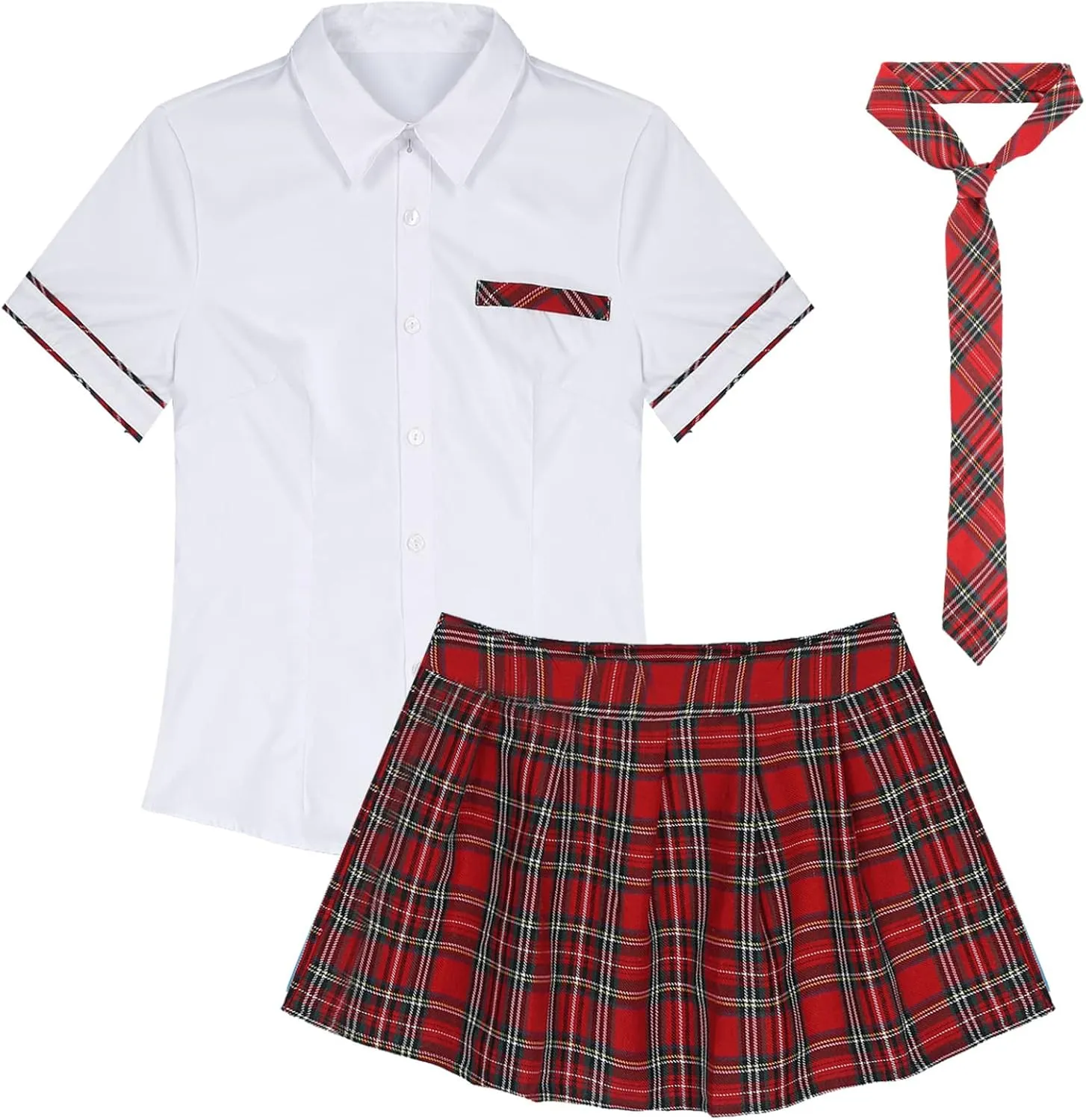 Women's Tartan Plaid Shirt with Pleated Mini Skirts Necktie Japanese Anime Cosplay Costume