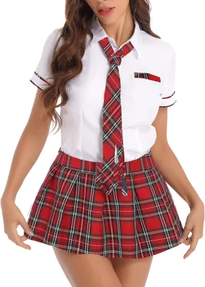 Women's Tartan Plaid Shirt with Pleated Mini Skirts Necktie Japanese Anime Cosplay Costume