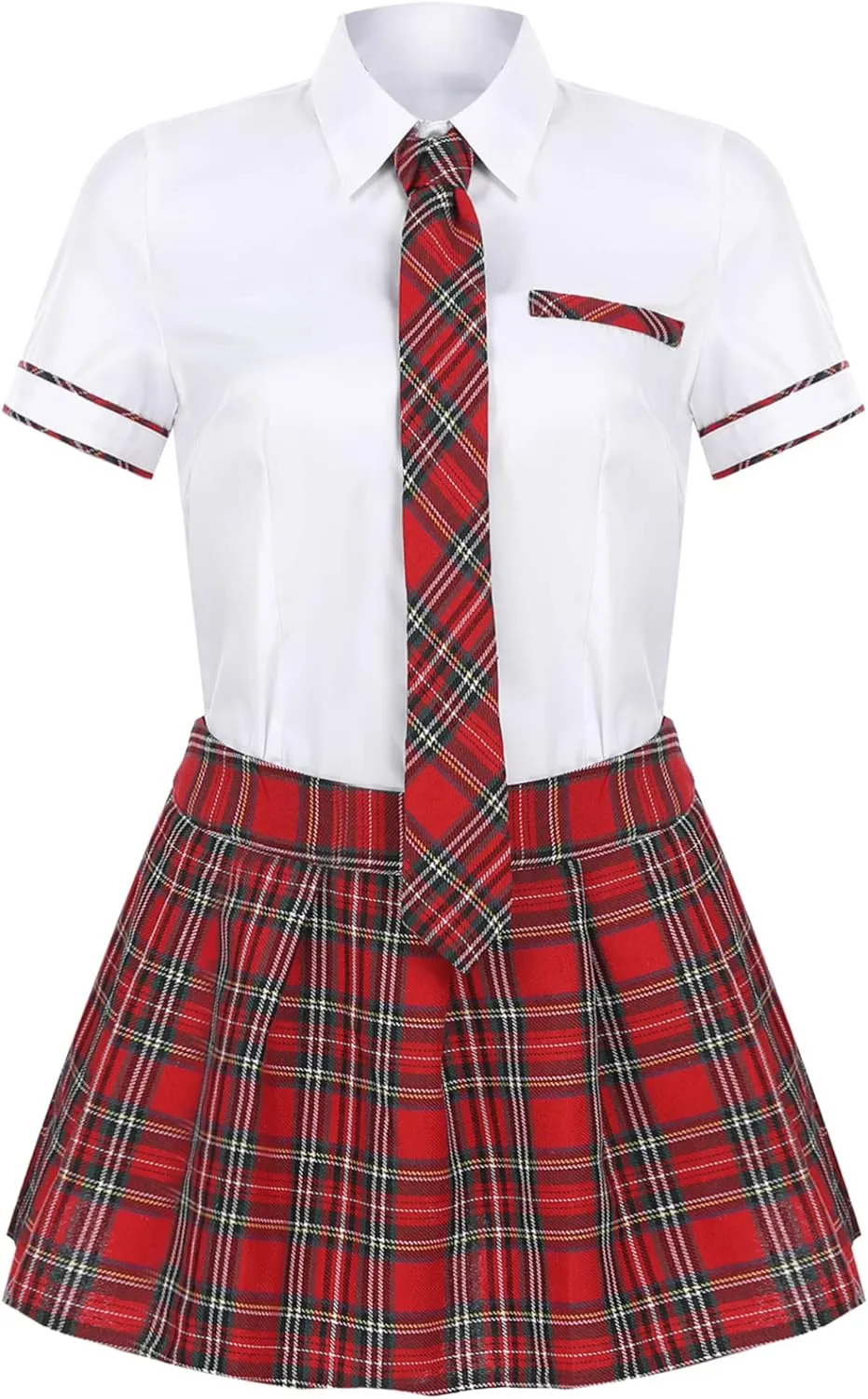 Women's Tartan Plaid Shirt with Pleated Mini Skirts Necktie Japanese Anime Cosplay Costume
