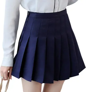 Womens Tartan Pleated Mini Skirts Elastic High Waist Solid Color School A-line Skater Uniform Skirt