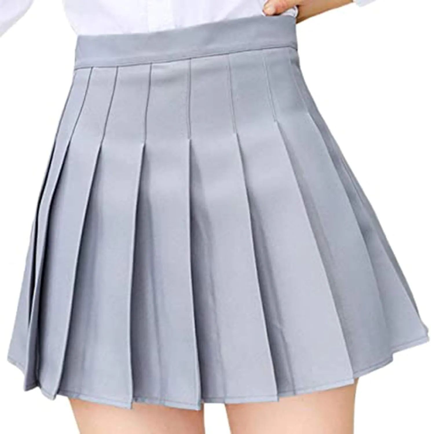 Womens Tartan Pleated Mini Skirts Elastic High Waist Solid Color School A-line Skater Uniform Skirt