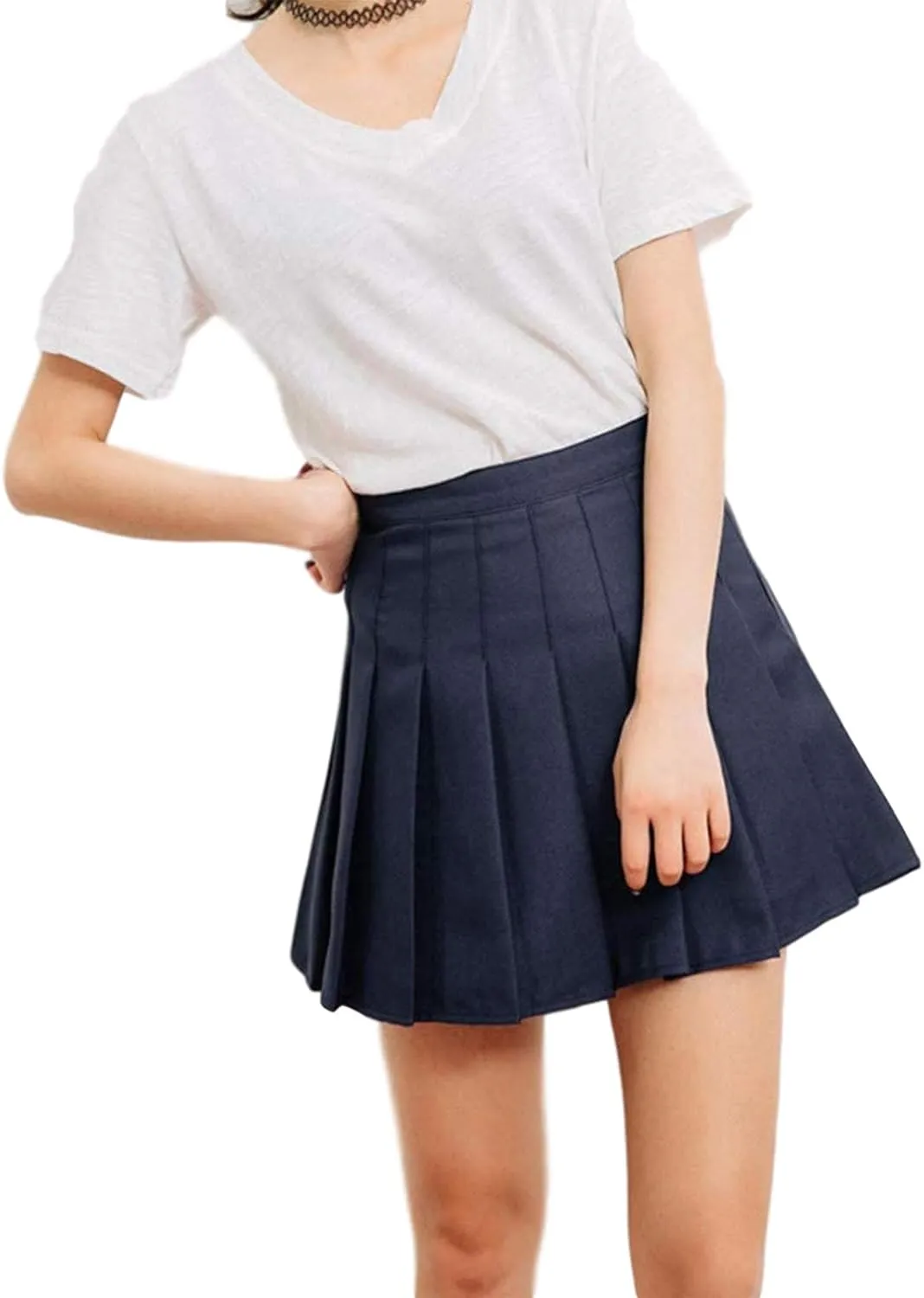 Womens Tartan Pleated Mini Skirts Elastic High Waist Solid Color School A-line Skater Uniform Skirt