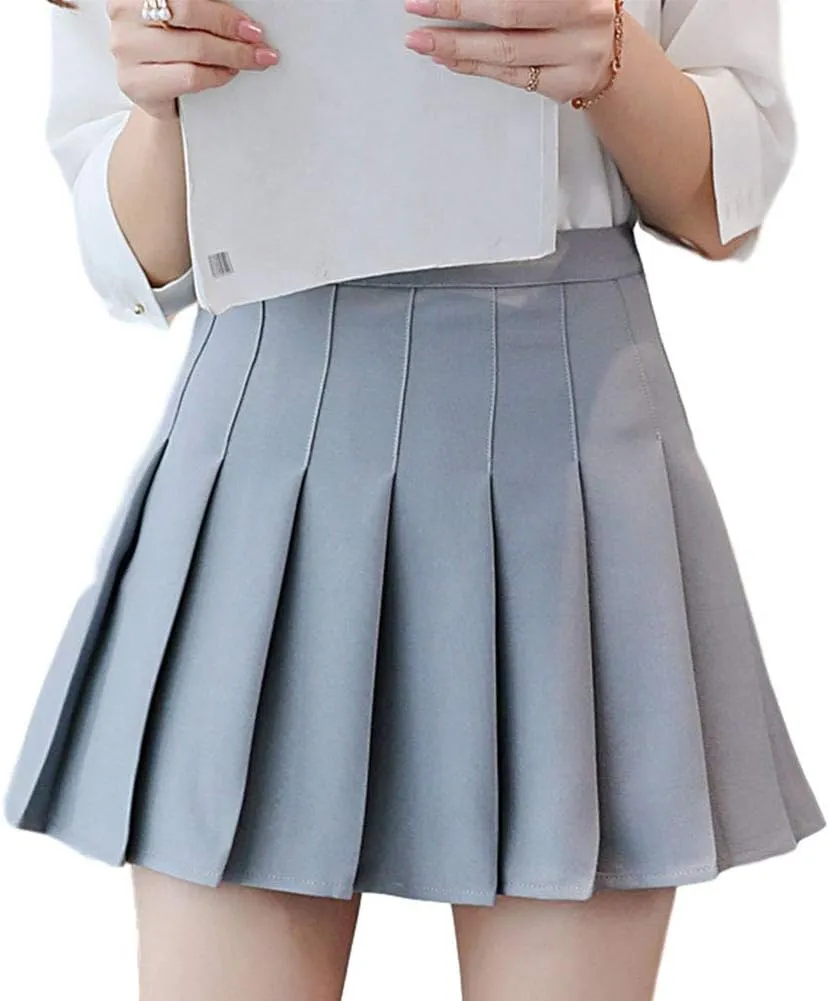 Womens Tartan Pleated Mini Skirts Elastic High Waist Solid Color School A-line Skater Uniform Skirt