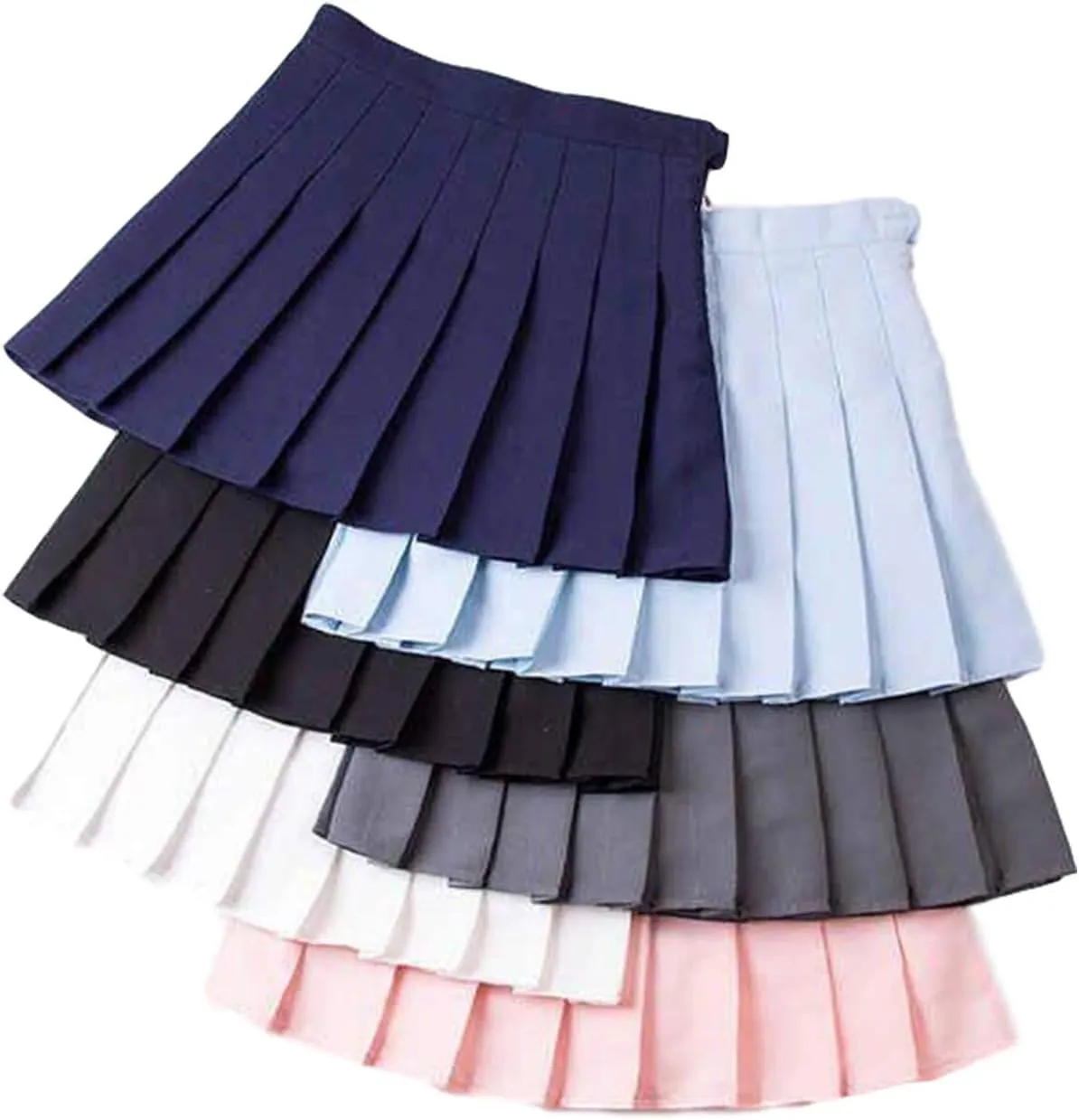 Womens Tartan Pleated Mini Skirts Elastic High Waist Solid Color School A-line Skater Uniform Skirt