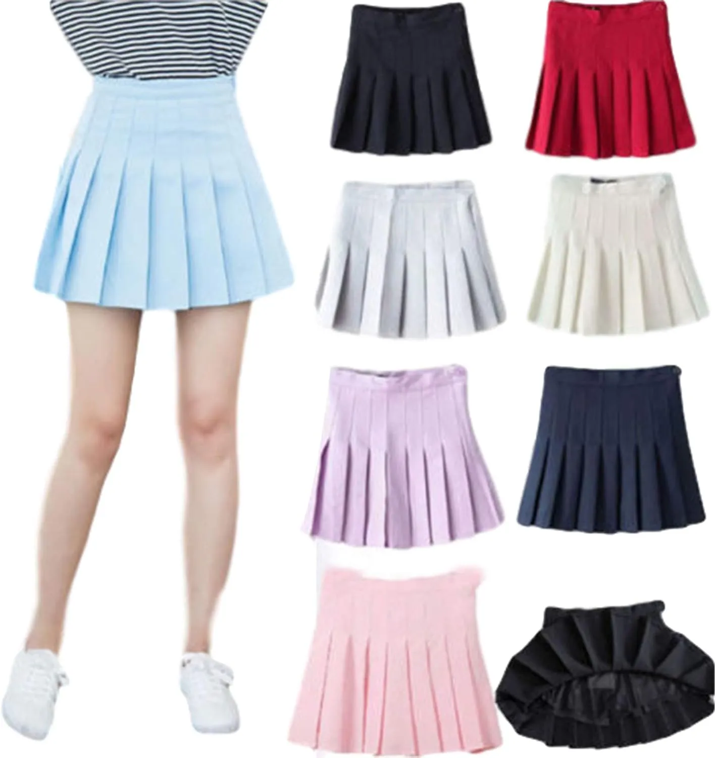 Womens Tartan Pleated Mini Skirts Elastic High Waist Solid Color School A-line Skater Uniform Skirt