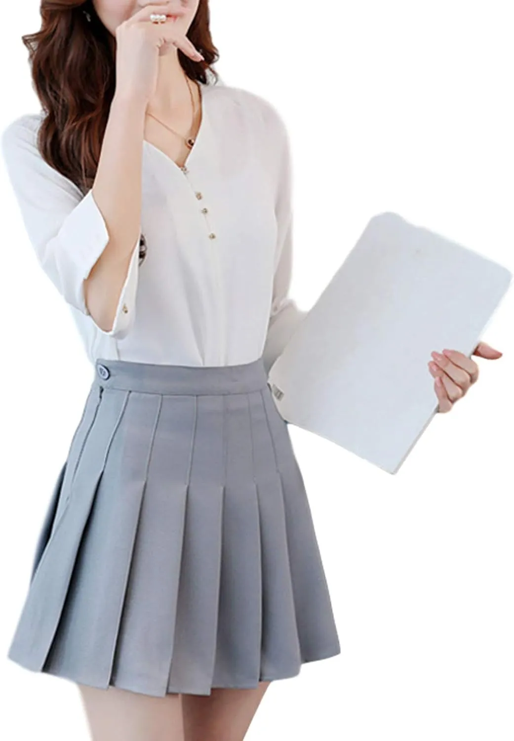 Womens Tartan Pleated Mini Skirts Elastic High Waist Solid Color School A-line Skater Uniform Skirt