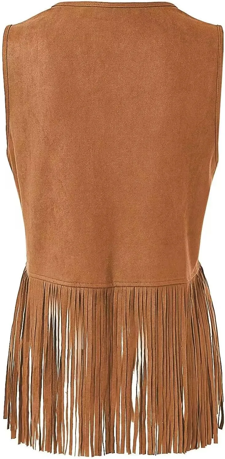 Womens Tassel Vest 70s sleeveless Faux Suede jackets Cowgirl Outfits trendy Western Fringe Vest