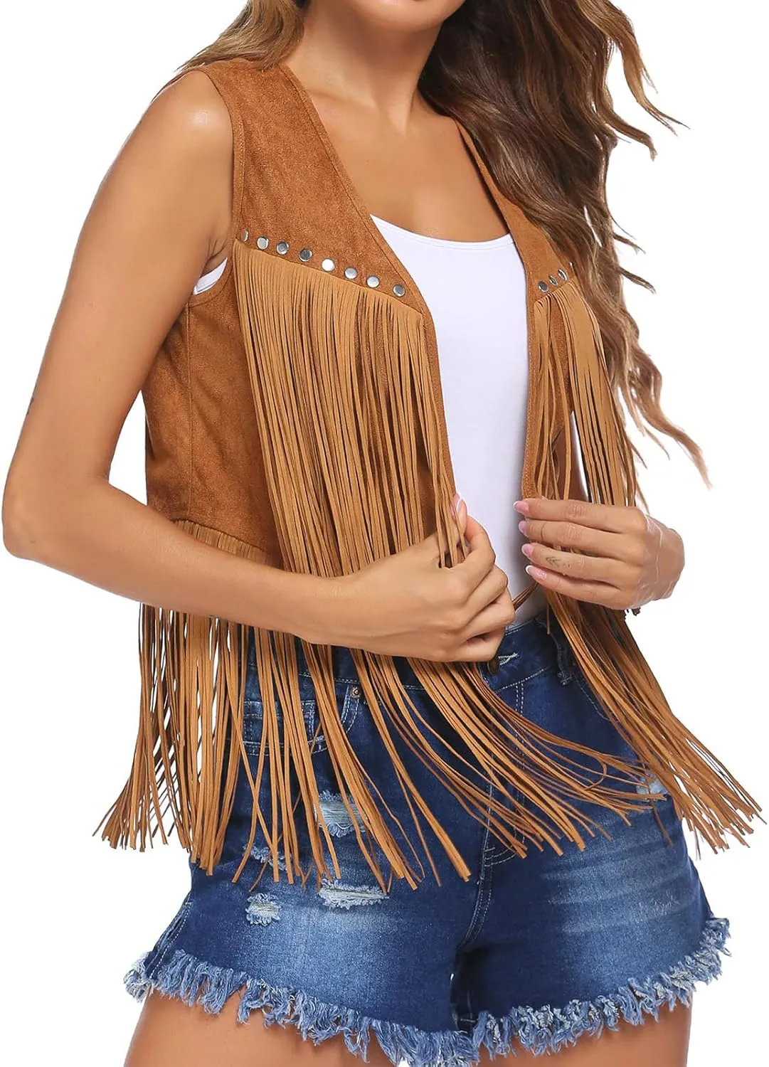 Womens Tassel Vest 70s sleeveless Faux Suede jackets Cowgirl Outfits trendy Western Fringe Vest