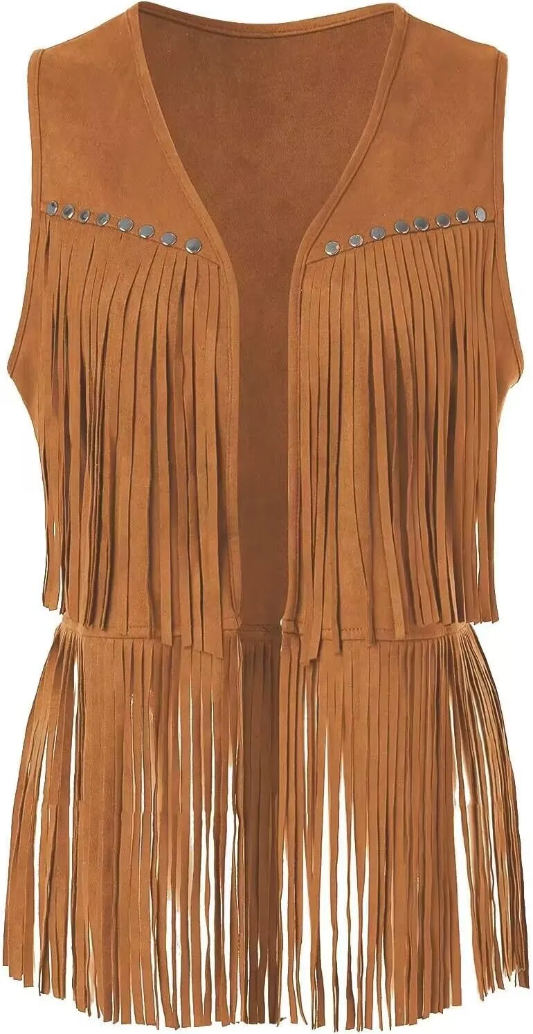 Womens Tassel Vest 70s sleeveless Faux Suede jackets Cowgirl Outfits trendy Western Fringe Vest