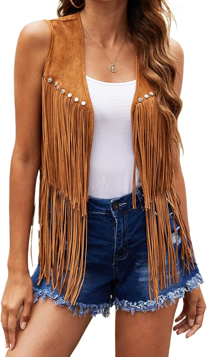 Womens Tassel Vest 70s sleeveless Faux Suede jackets Cowgirl Outfits trendy Western Fringe Vest