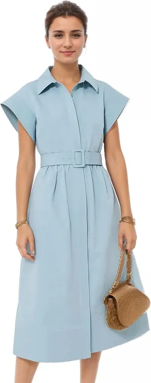 Womens Turn Down Collar Shirt Dress Short Wing Sleeve Button Down Dress Trench Coat Formal Elegant Dress Belt Lightblue