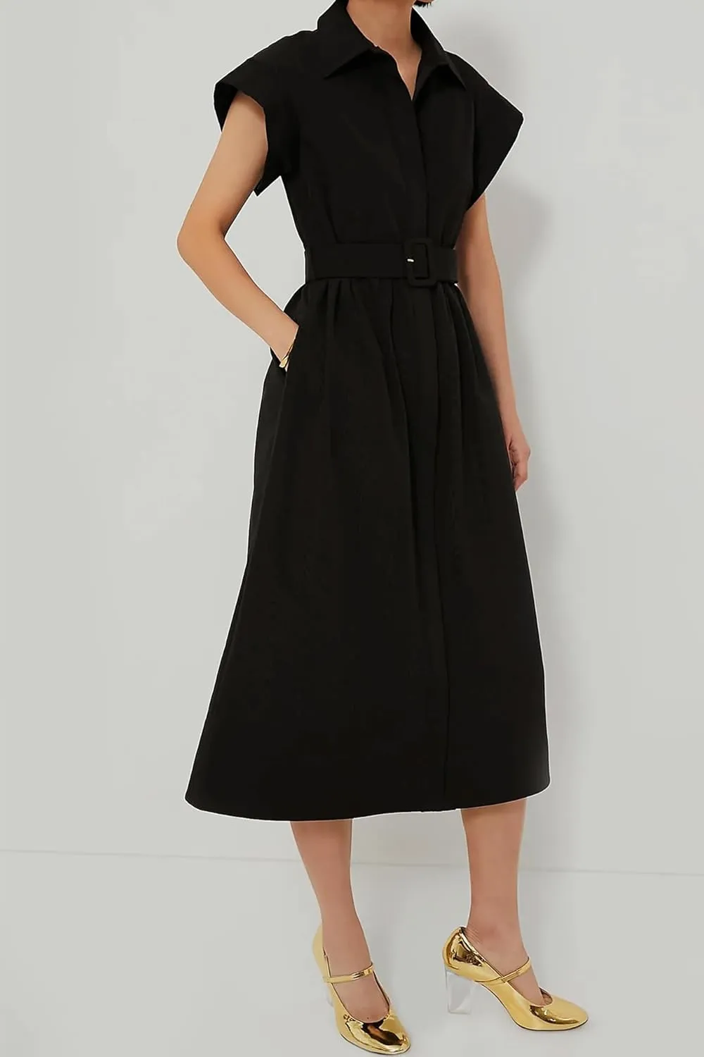 Womens Turn Down Collar Shirt Dress Short Wing Sleeve Button Down Dress Trench Coat Formal Elegant with Belt