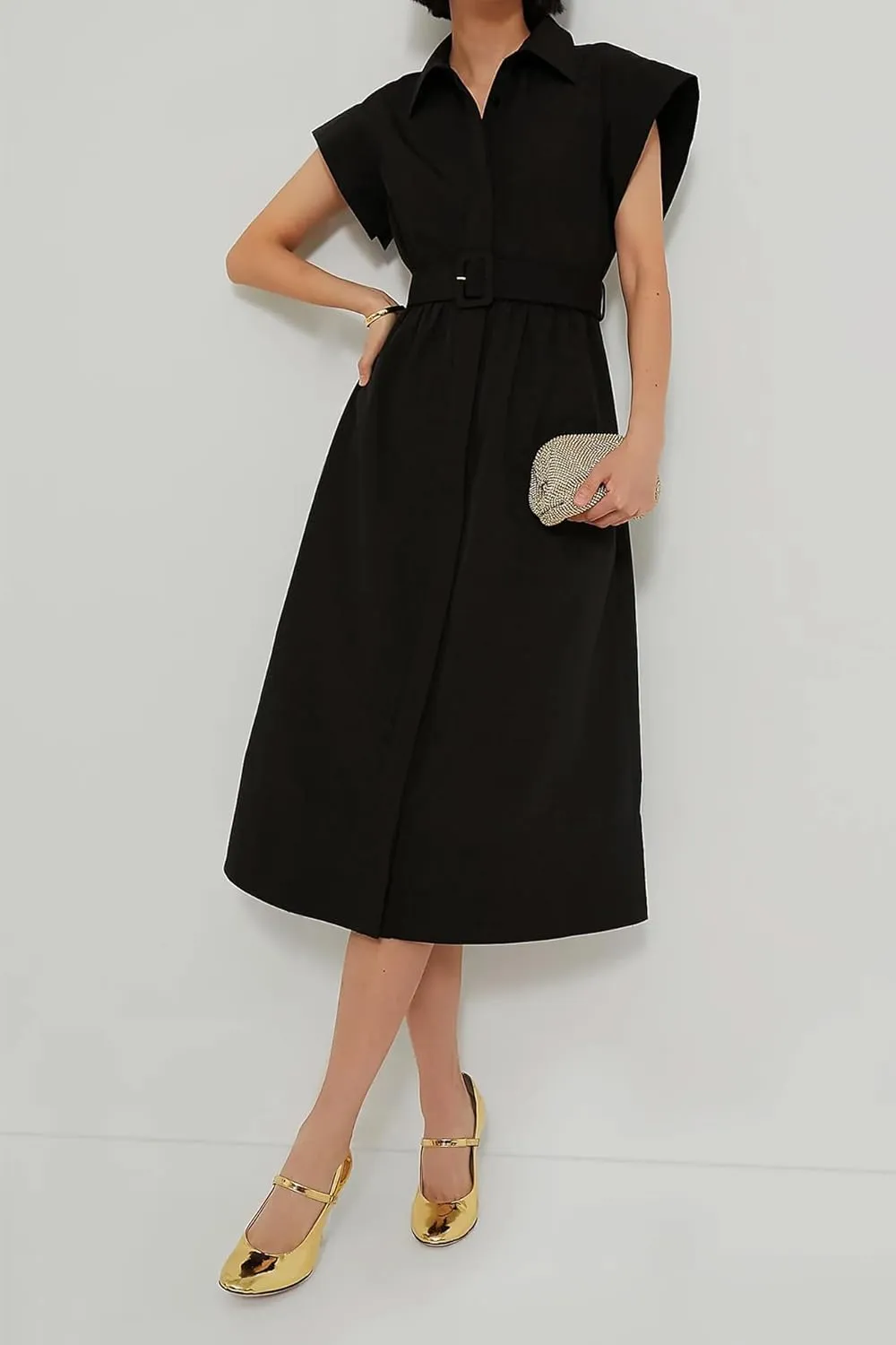 Womens Turn Down Collar Shirt Dress Short Wing Sleeve Button Down Dress Trench Coat Formal Elegant with Belt