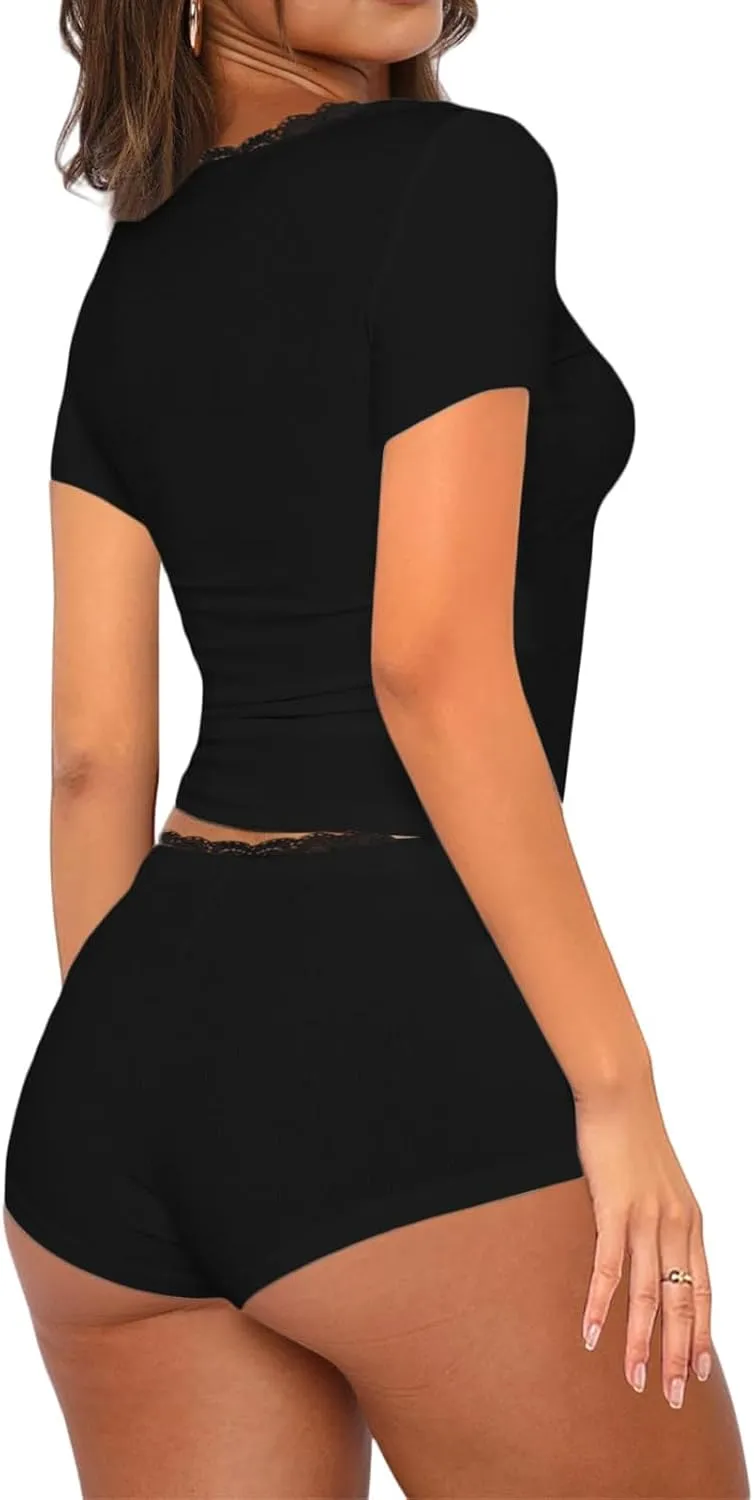 Womens Two Piece Pajama Sets Summer Casual Scoop Neck Short Sleeve Tops Short Leggings Outfits Slim Fit Loungewear