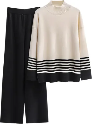 Womens Two Piece Sets Long Sleeve Pullover Tops and Elastic Wide Leg Pants Solid Color 2 Piece Lounge Sets
