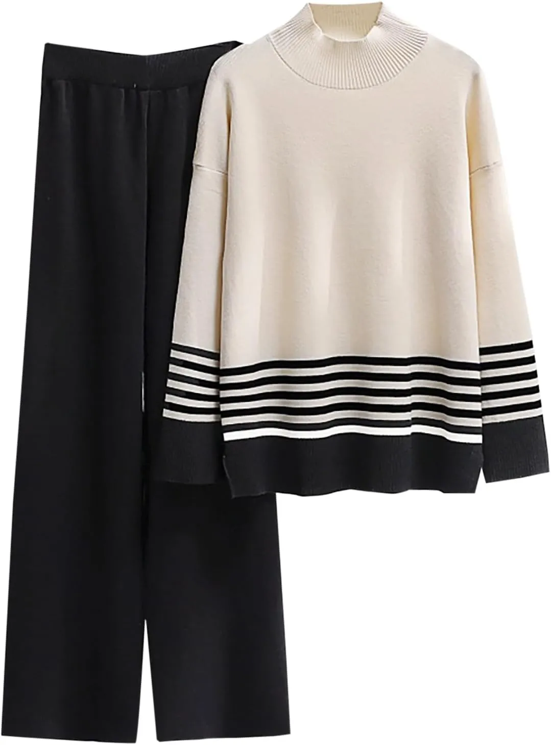 Womens Two Piece Sets Long Sleeve Pullover Tops and Elastic Wide Leg Pants Solid Color 2 Piece Lounge Sets
