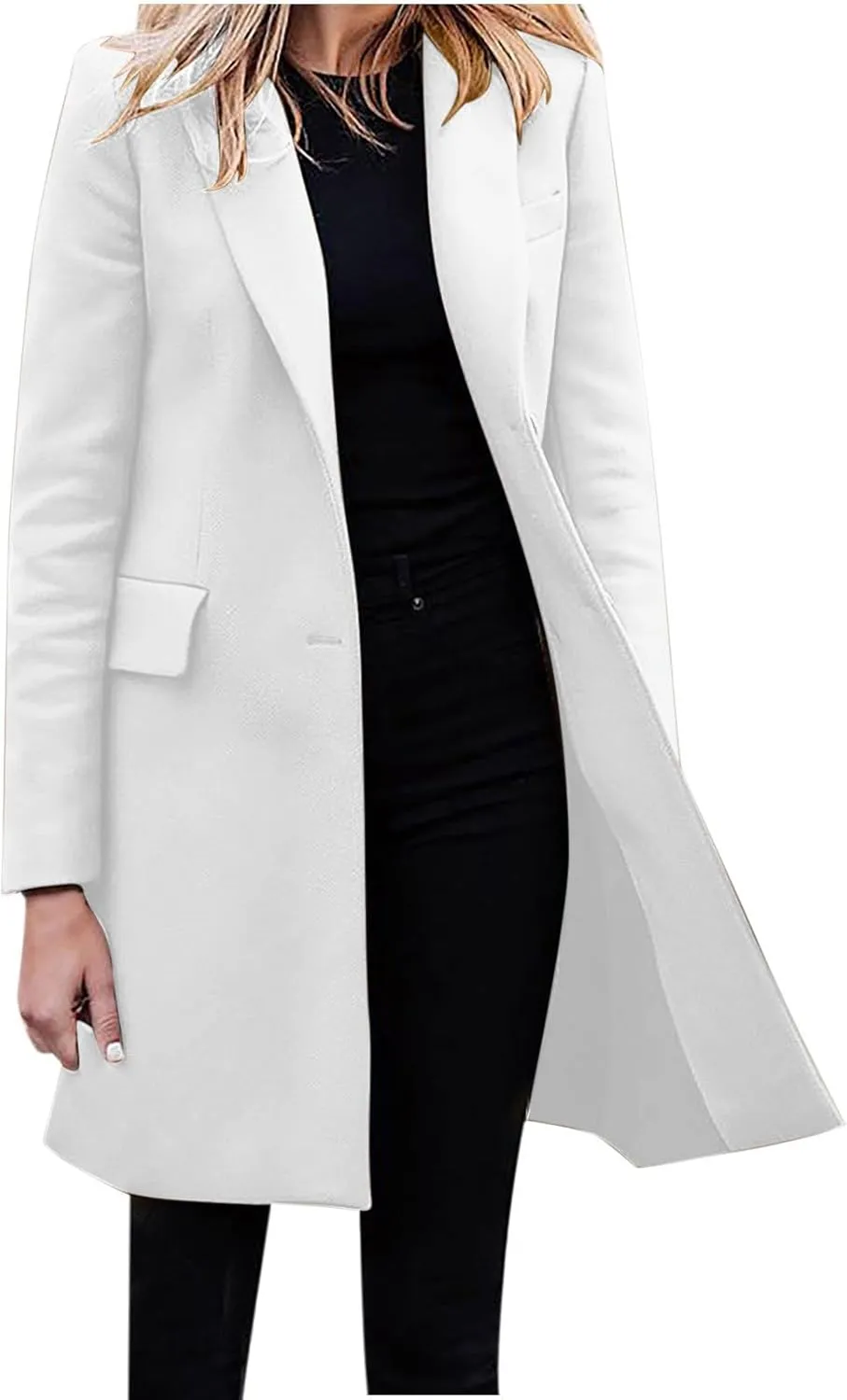 Women's Winter Double Breasted Pea Coat Wool Blend Long Sleeve Notch Lapel Casual Long Trench Coat Open Front Jacket