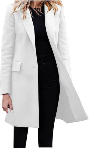 Women's Winter Double Breasted Pea Coat Wool Blend Long Sleeve Notch Lapel Casual Long Trench Coat Open Front Jacket