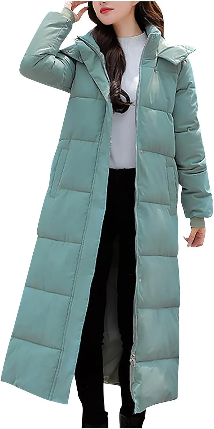 Womens Winter Warm Down Coats Hooded Thicken Elegant Puffer Parkas Maxi Long Zip Jackets Anoraks in Candy Color Multicolor