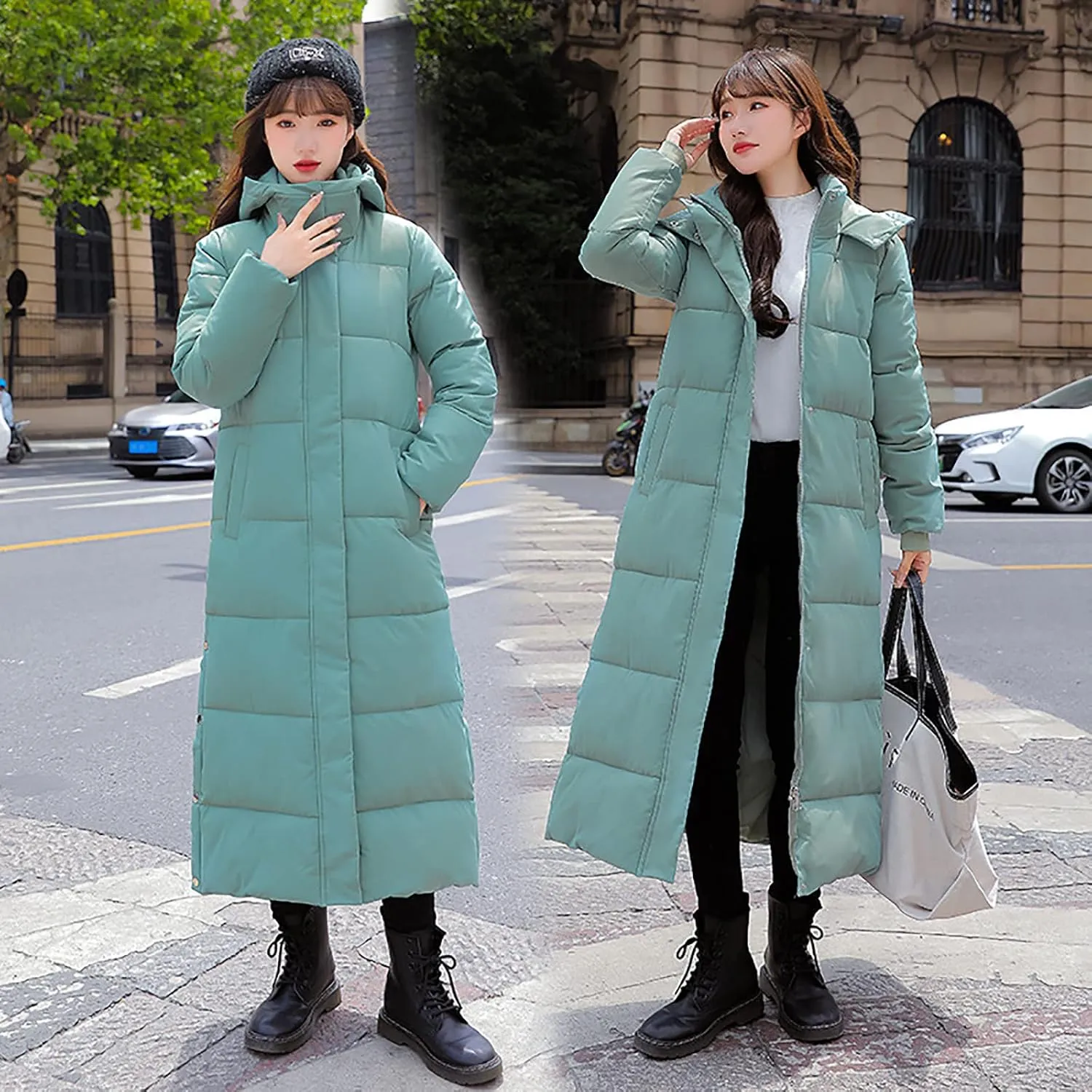Womens Winter Warm Down Coats Hooded Thicken Elegant Puffer Parkas Maxi Long Zip Jackets Anoraks in Candy Color Multicolor